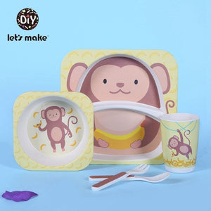 Let's Make Baby Bamboo Bowl+Spoon+Fork Feeding Food Tableware Set Cartoon Aniaml Bee Kid Dishes Bamboo Feeding Bowl Dinner Plate