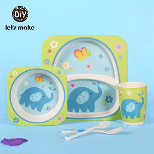 Let's Make Baby Bamboo Bowl+Spoon+Fork Feeding Food Tableware Set Cartoon Aniaml Bee Kid Dishes Bamboo Feeding Bowl Dinner Plate