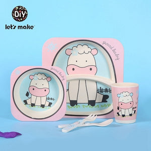 Let's Make Baby Bamboo Bowl+Spoon+Fork Feeding Food Tableware Set Cartoon Aniaml Bee Kid Dishes Bamboo Feeding Bowl Dinner Plate