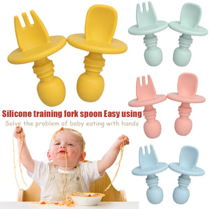 2pcs/lot Baby Training Fork Spoon Set Silicone Baby Feeding Spoon And Fork Set  Food Grade Newbornrn Accessories Teether